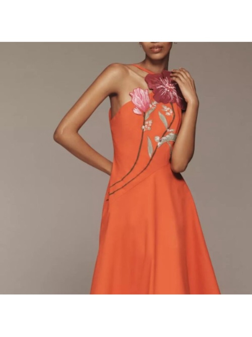 Anthropologie One-Shoulder Orange Dress with Floral Appliqué